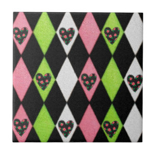 Colourful Harlequin Print with Rose Hearts Tile