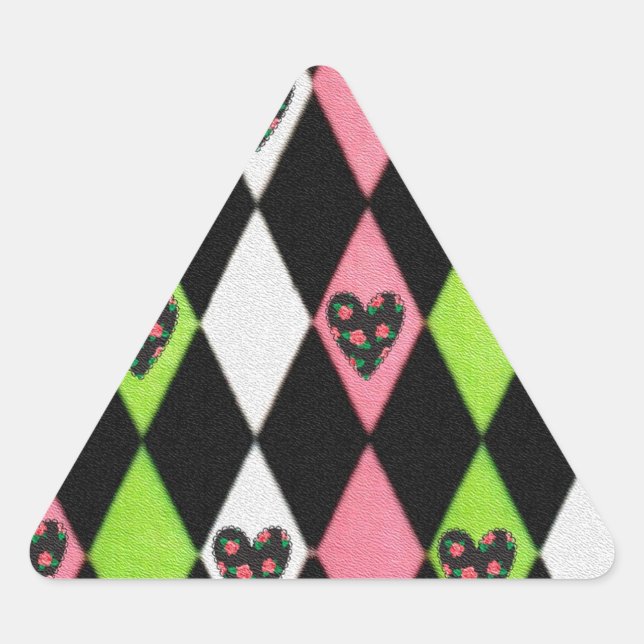 Colourful Harlequin Print with Rose Hearts Triangle Sticker (Front)