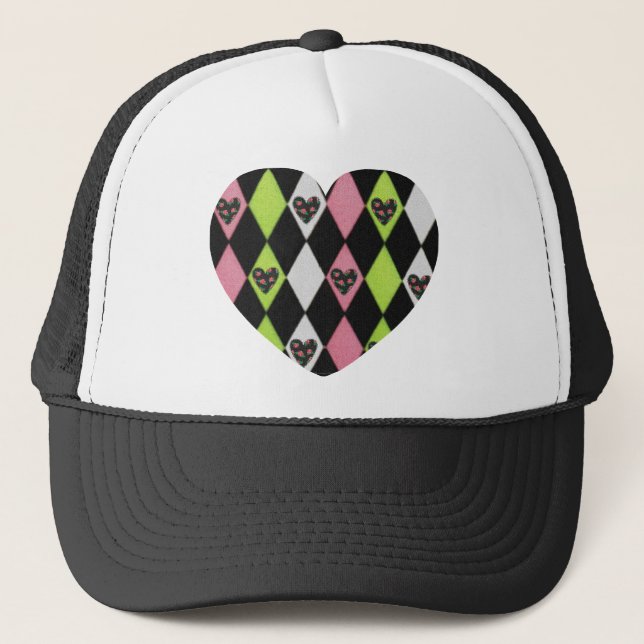 Colourful Harlequin Print with Rose Hearts Trucker Hat (Front)