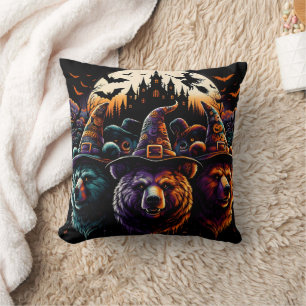 Colourful hat bears by spooky castle throw pillow