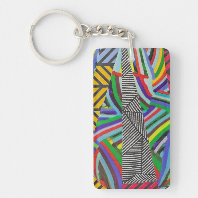 colourful hatches and herringbone collage  keychain (Front)