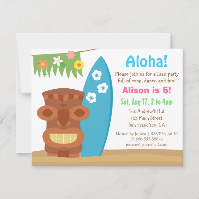 Colourful Hawaii Tiki Luau Beach Birthday Party Invitation (Front)