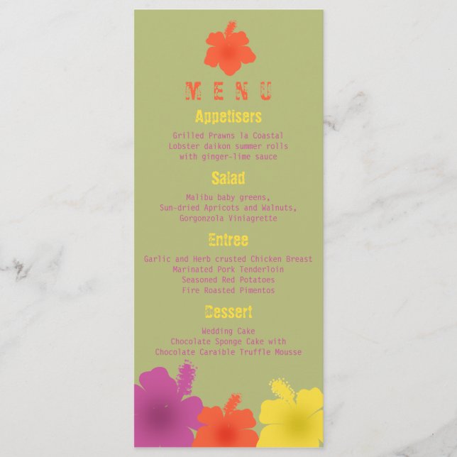 Colourful Hawaiian Hibiscus Wedding Menu (Front)