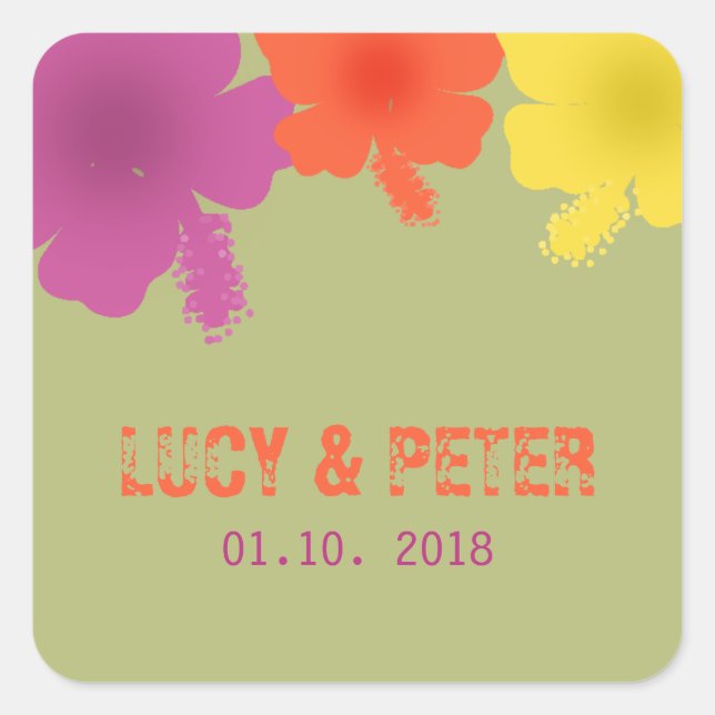 Colourful Hawaiian Hibiscus Wedding Stickers (Front)