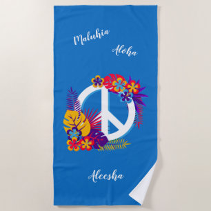 Colourful Hawaiian Peace, Love, Your Name Blue Beach Towel