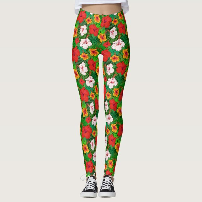 Colourful Hawaiian Tropical Hibiscus Flower Holida Leggings (Front)