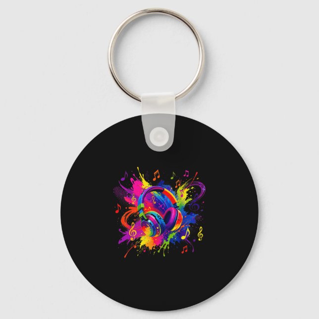 Colourful headphones with musical notes artwork  keychain (Front)