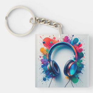 Colourful Headphones with Vibrant Paint Splash Keychain