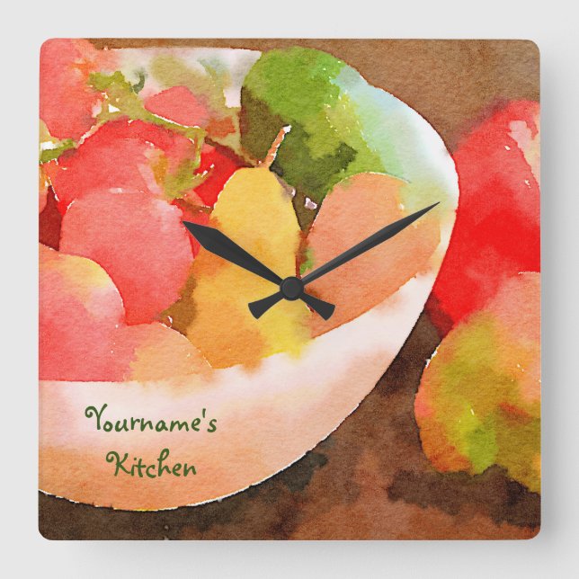 Colourful Healthy Fruits & Vegetables Watercolor Square Wall Clock (Front)