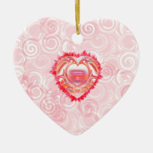 Colourful Heart Over Red Spiral Abstract Valentine Ceramic Ornament