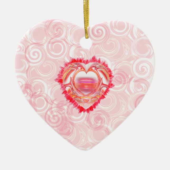 Colourful Heart Over Red Spiral Abstract Valentine Ceramic Ornament (Front)