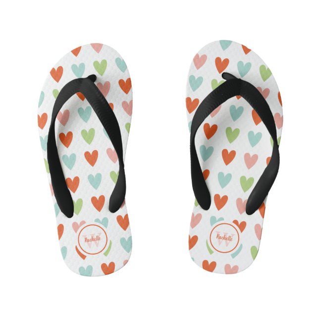 Colourful Heart Pattern Monogram Kid's Flip Flops (Footbed)