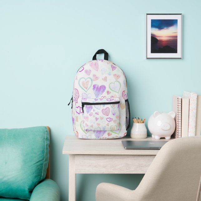 Colourful Heart Pattern  Over White Printed Backpack (Insitu)