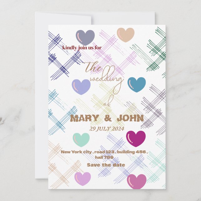 Colourful Heart Pattern Wedding Invitation | Moder (Front)