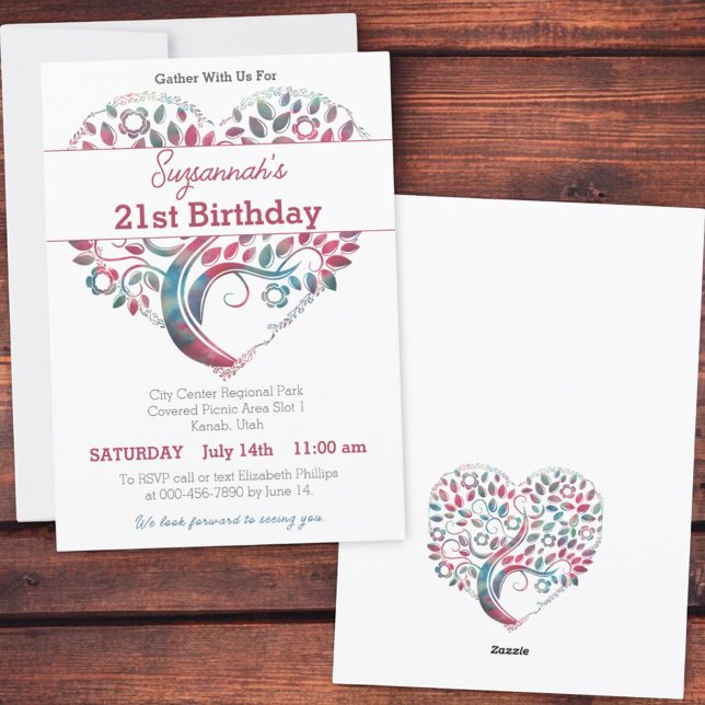 Colourful Heart Shaped Tree Birthday Template (Invitation template front and back)