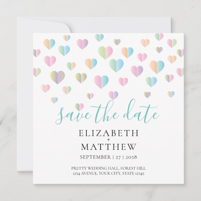 Colourful Heart Speckles Save the Date Design Invitation (Front)