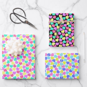 Colourful Hearts 3 Sets of Flat Wrapping Paper Sheet