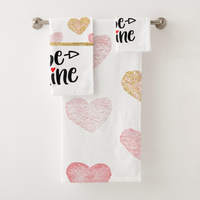 Colourful hearts and black text be mine bath towel set (Insitu)