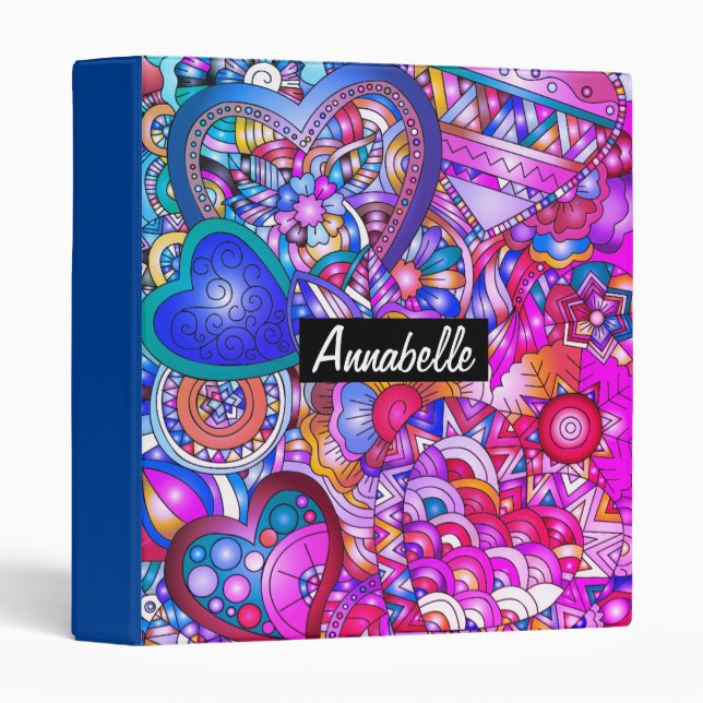 Colourful Hearts and Flowers Abstract Personalised Binder (Front/Spine)