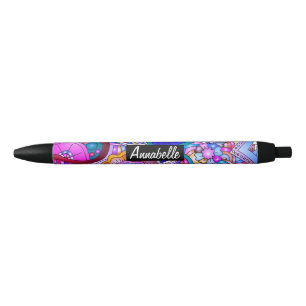 Colourful Hearts and Flowers Abstract Personalised Black Ink Pen