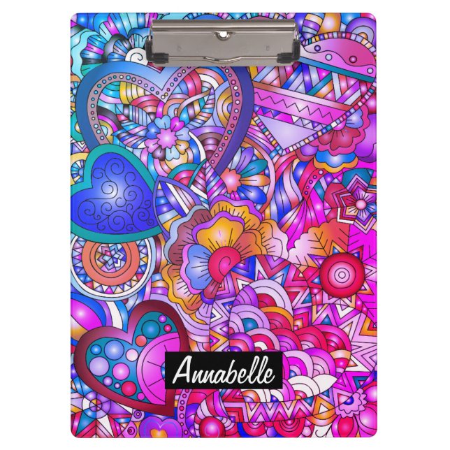 Colourful Hearts and Flowers Abstract Personalised Clipboard (Front)