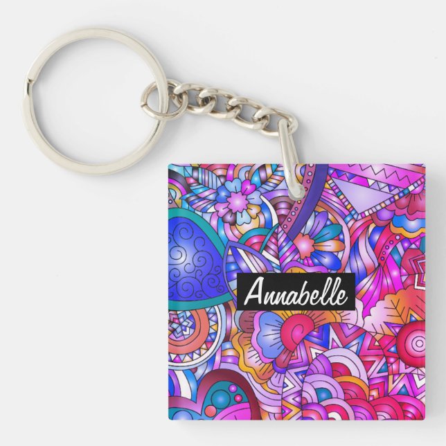 Colourful Hearts and Flowers Abstract Personalised Keychain (Front)