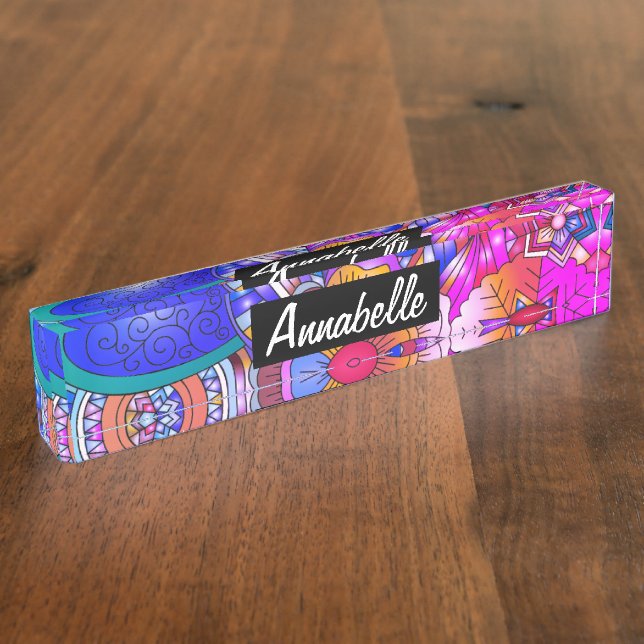 Colourful Hearts and Flowers Abstract Personalised Nameplate (Side)