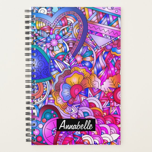Colourful Hearts and Flowers Abstract Personalised Planner (Front)