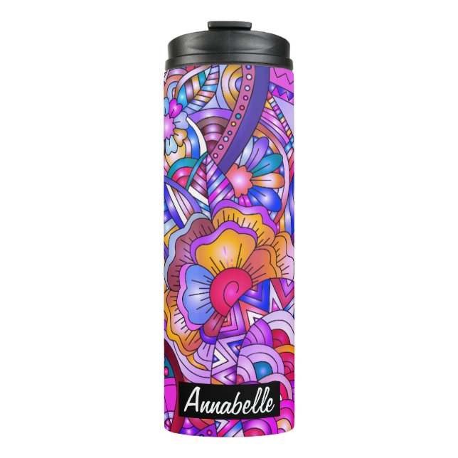 Colourful Hearts and Flowers Abstract Personalised Thermal Tumbler (Front)