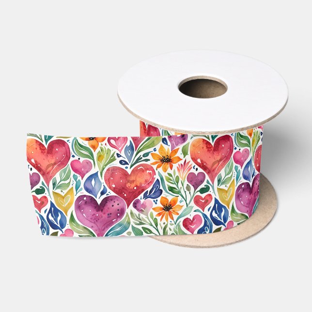Colourful Hearts and Flowers  Satin Ribbon (Spool)