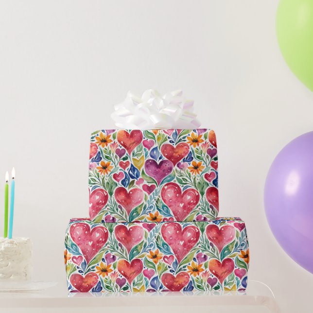 Colourful Hearts and Flowers  Wrapping Paper (Party Gifts)