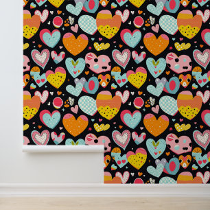 Colourful Hearts and Fun Patterns on Black Wallpaper