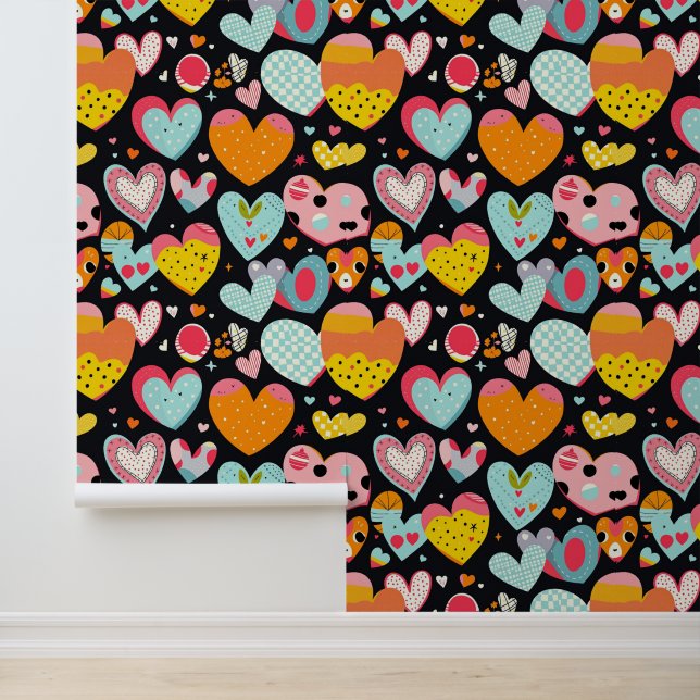 Colourful Hearts and Fun Patterns on Black Wallpaper (Application)