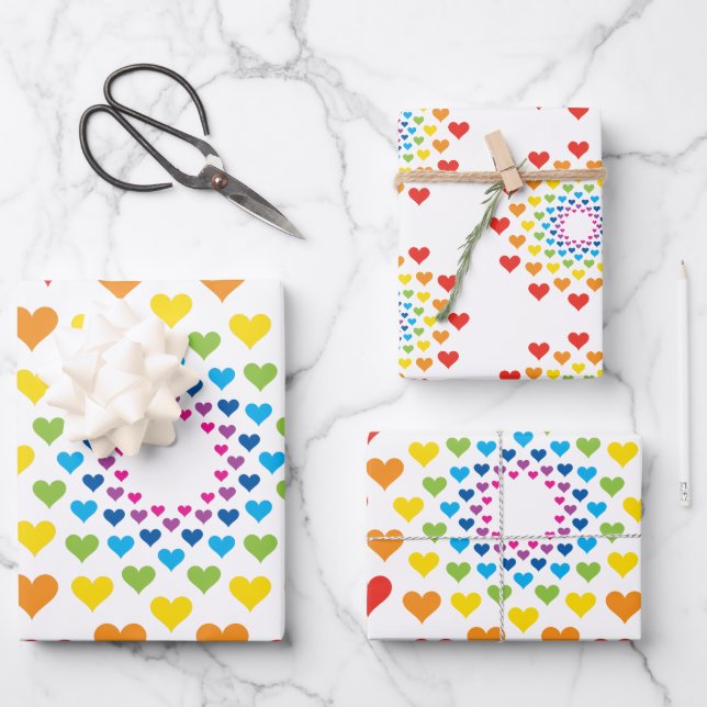 Colourful hearts around hearts wrapping paper sheet (Front)