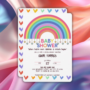 Colourful Hearts Meet Retro Rainbow Baby Shower Invitation
