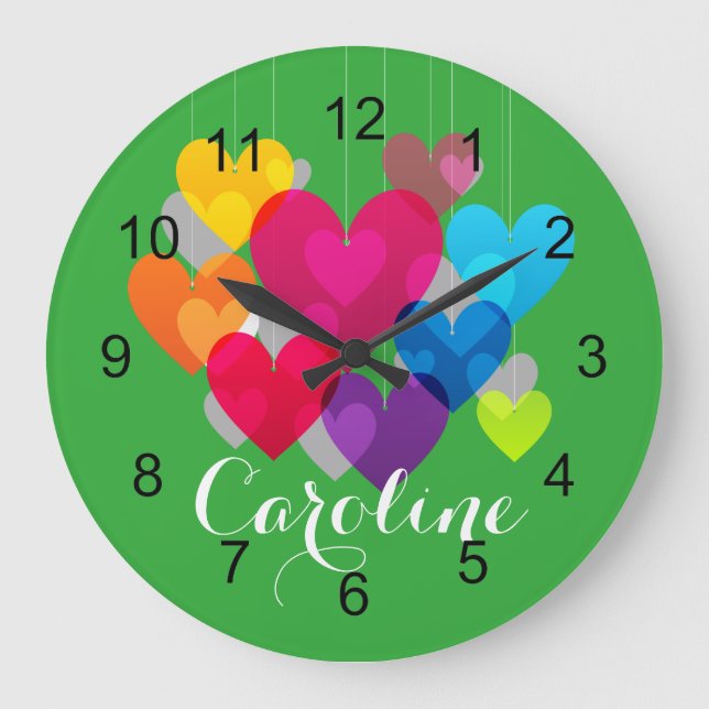 Colourful Hearts Monogrammed Large Clock (Front)
