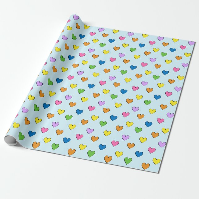 Colourful Hearts on Light Blue Wrapping Paper (Unrolled)