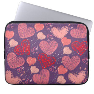 Colourful hearts on purple pattern laptop sleeve