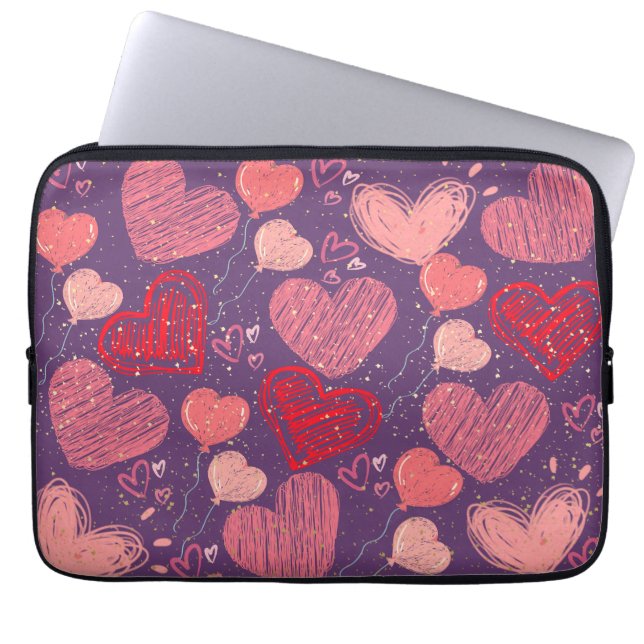 Colourful hearts on purple pattern  laptop sleeve (Front)