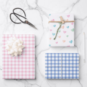 Colourful Hearts   Pastel Pink and Blue Gingham Wrapping Paper Sheet