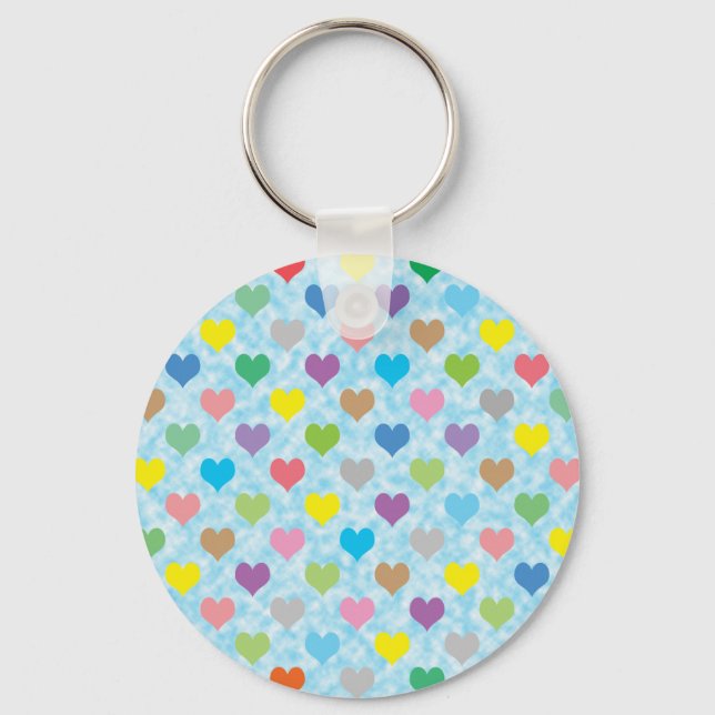 Colourful hearts pattern on blue background keychain (Front)