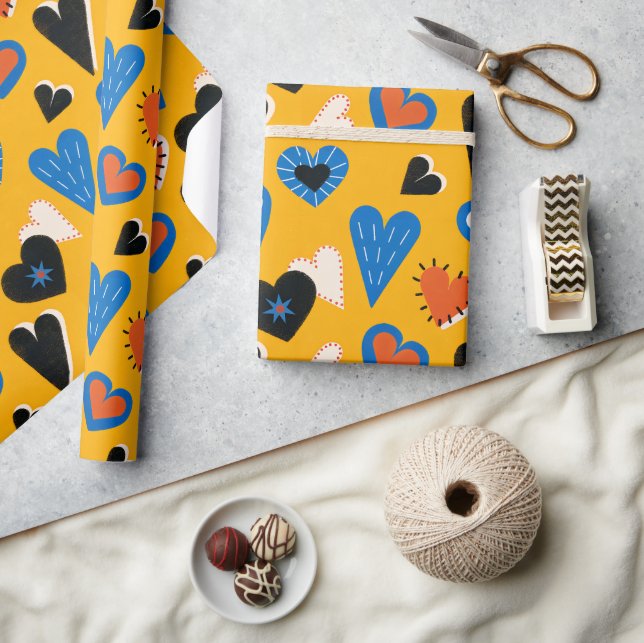 Colourful Hearts Pattern on Yellow Background Wrapping Paper (Crafts)