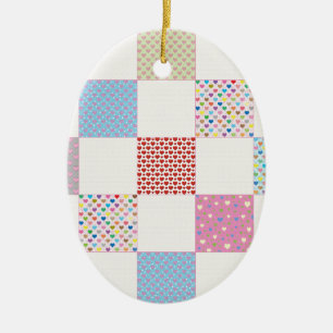 Colourful hearts quilt pattern ceramic ornament