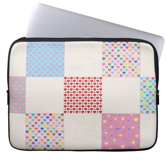 Colourful hearts quilt pattern laptop sleeve (Front)