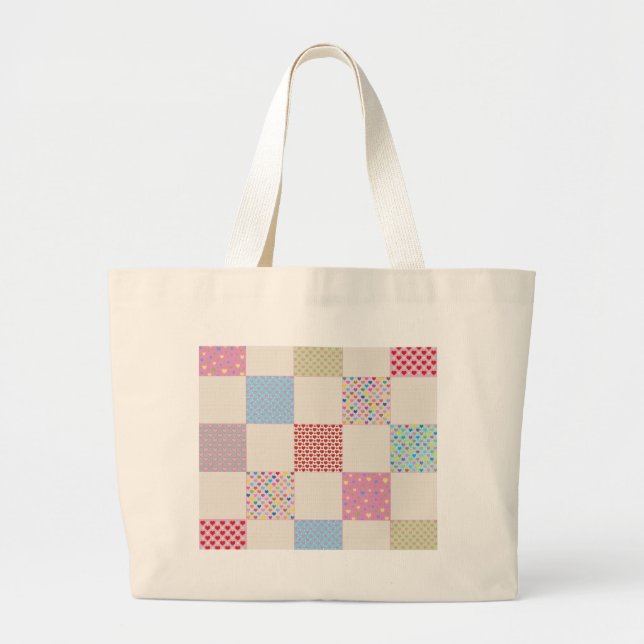 Colourful hearts quilt pattern large tote bag (Front)