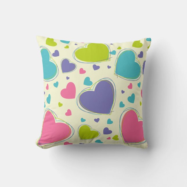 Colourful Hearts Retro Valentines Day Throw Pillow (Front)