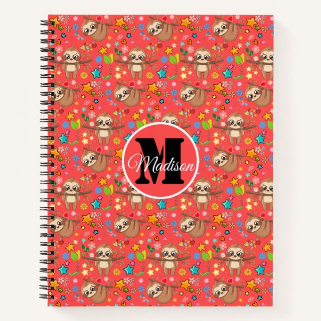 Colourful Hearts Stars Sloth Pattern Personalized Notebook (Front)