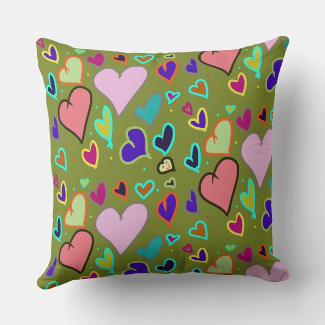 Colourful Hearts with Smiley Face Throw Pillow (Back)