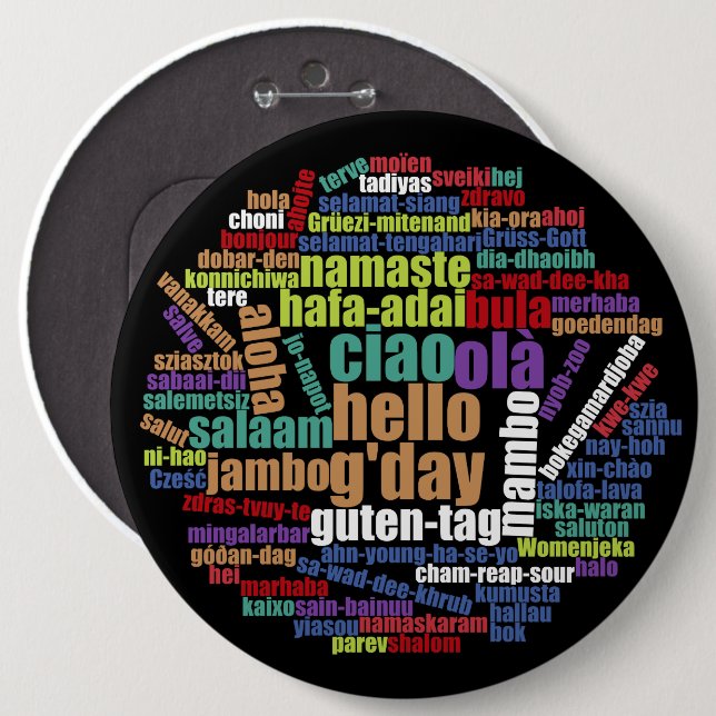 Colourful Hello in Many Languages Word Cloud 6 Inch Round Button (Front & Back)