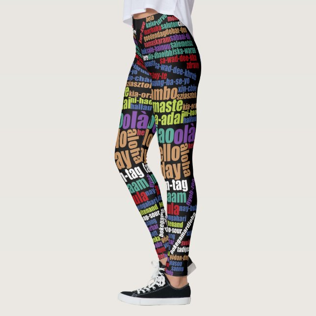 Colourful Hello in Many Languages Word Cloud Leggings (Left)